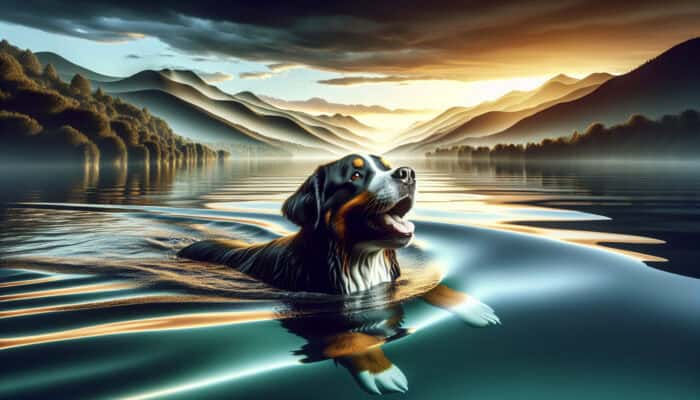 A Bernese Mountain Dog swimming joyfully in a serene lake during sunset.
