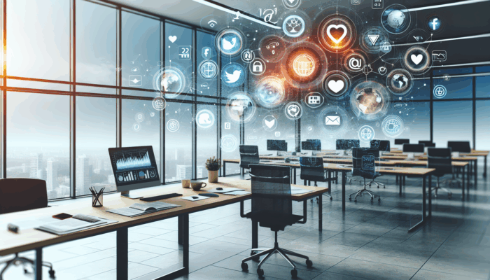 A dynamic digital workspace in Kingswood featuring social media icons, charts, and graphs, symbolizing expert management.