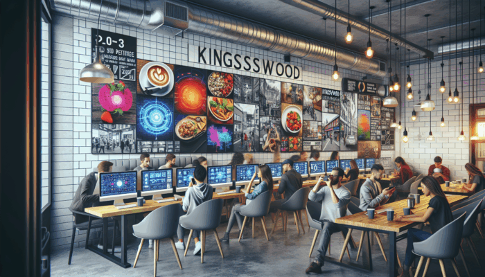 A bustling Kingswood café featuring social media graphics, customers photographing meals, and screens displaying online engagement.