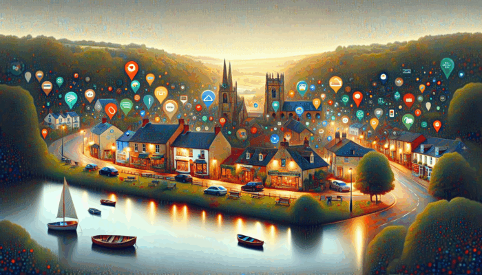 A digital marketing scene in Stow-on-the-Wold showcasing small businesses utilizing local SEO and Google My Business.