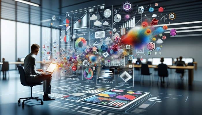 Online Debt Consolidation Loan Simulators: A person analyzing colorful graphs and charts on a laptop using a debt consolidation loan simulator in a modern office.