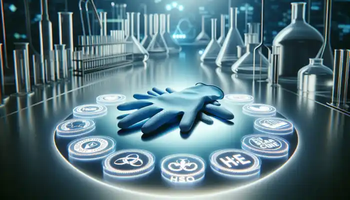 In a sterile laboratory, blue polythene gloves on a table with ISO, BSI badges, HSE logos, and EU documents.