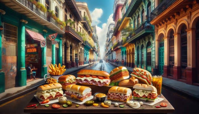 A colorful display of Cuban sandwiches including classic, Tampa-style with salami, and gourmet versions with various cheeses and sauces, set on a vibrant Cuban street.