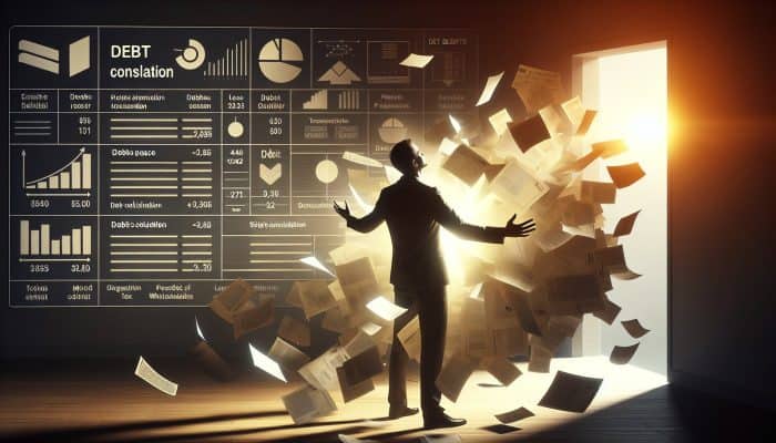 How to Consolidate Debt with a Low Credit Score: A person consolidating scattered debt papers into one organized file, feeling relieved under warm light.