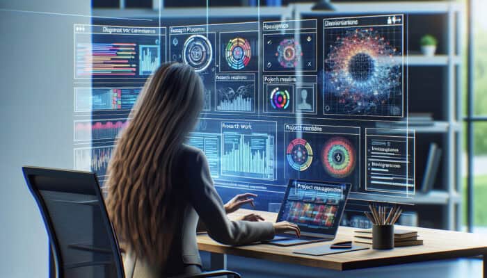 A human virtual assistant working remotely on a laptop, managing schedules, emails, and projects on multiple screens.