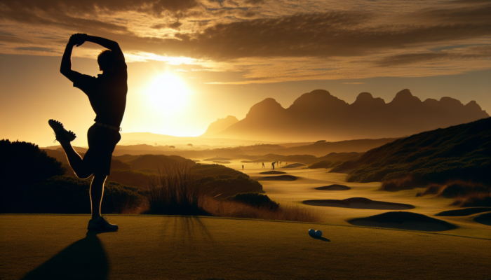 Best Golf Warm-Up Exercises: A golfer in South Africa doing dynamic stretches at sunrise on a lush course with distant mountains.