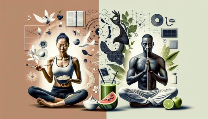 Ashtanga yoga practitioner with oats and Greek yogurt; Yin yoga practitioner with green smoothie.