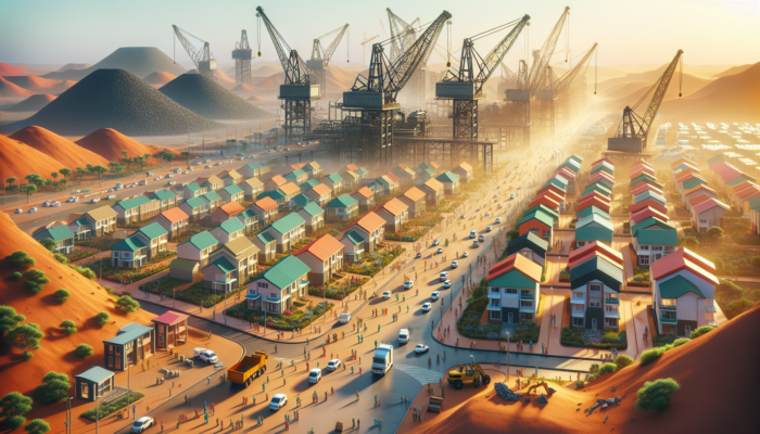 Bustling Postmasburg landscape with iron ore mines, modern housing under construction, busy streets with people, and new roads.